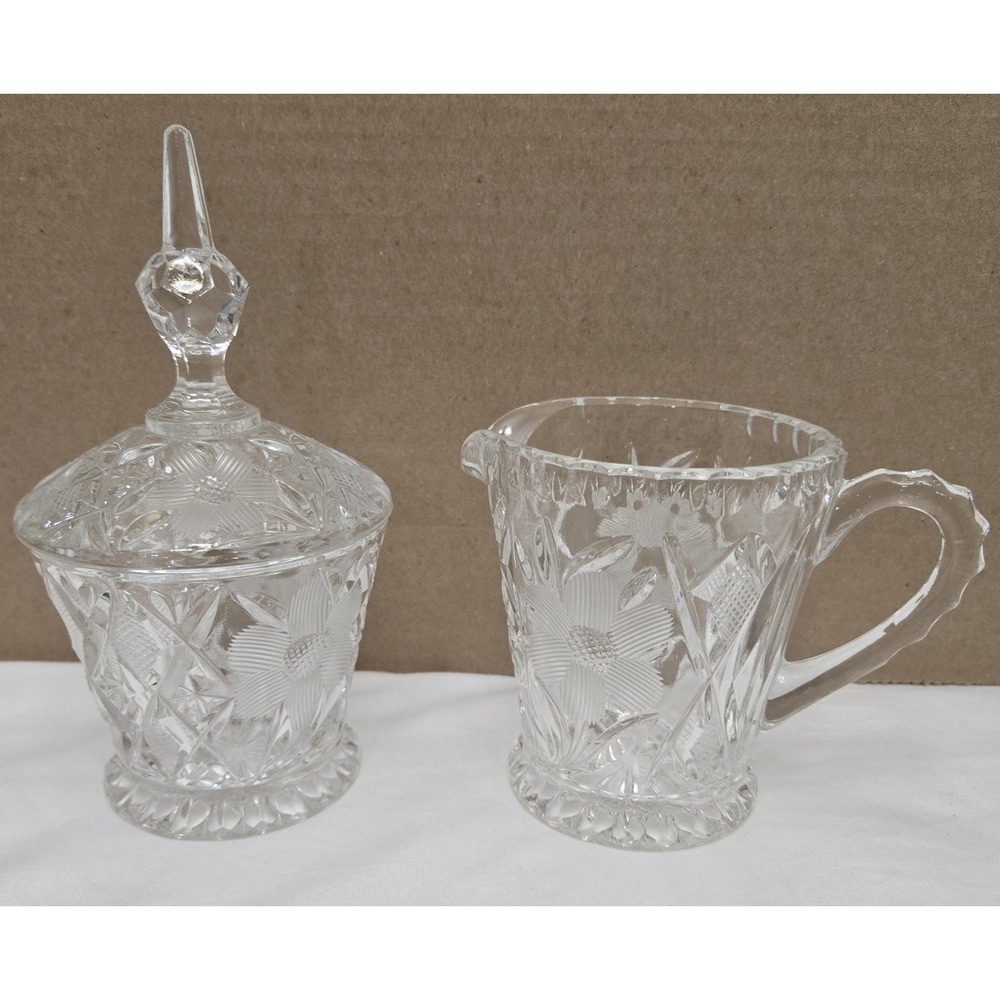 Antique ABP Cut Glass Sugar and Creamer Set Lidded Floral Daisy Intaglio Crystal